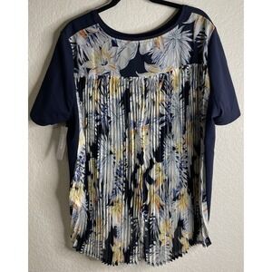 Chicos Womens 4 US XXL Navy‎ Blue Floral Knit Top Pleat Back NEW Preppy Beach